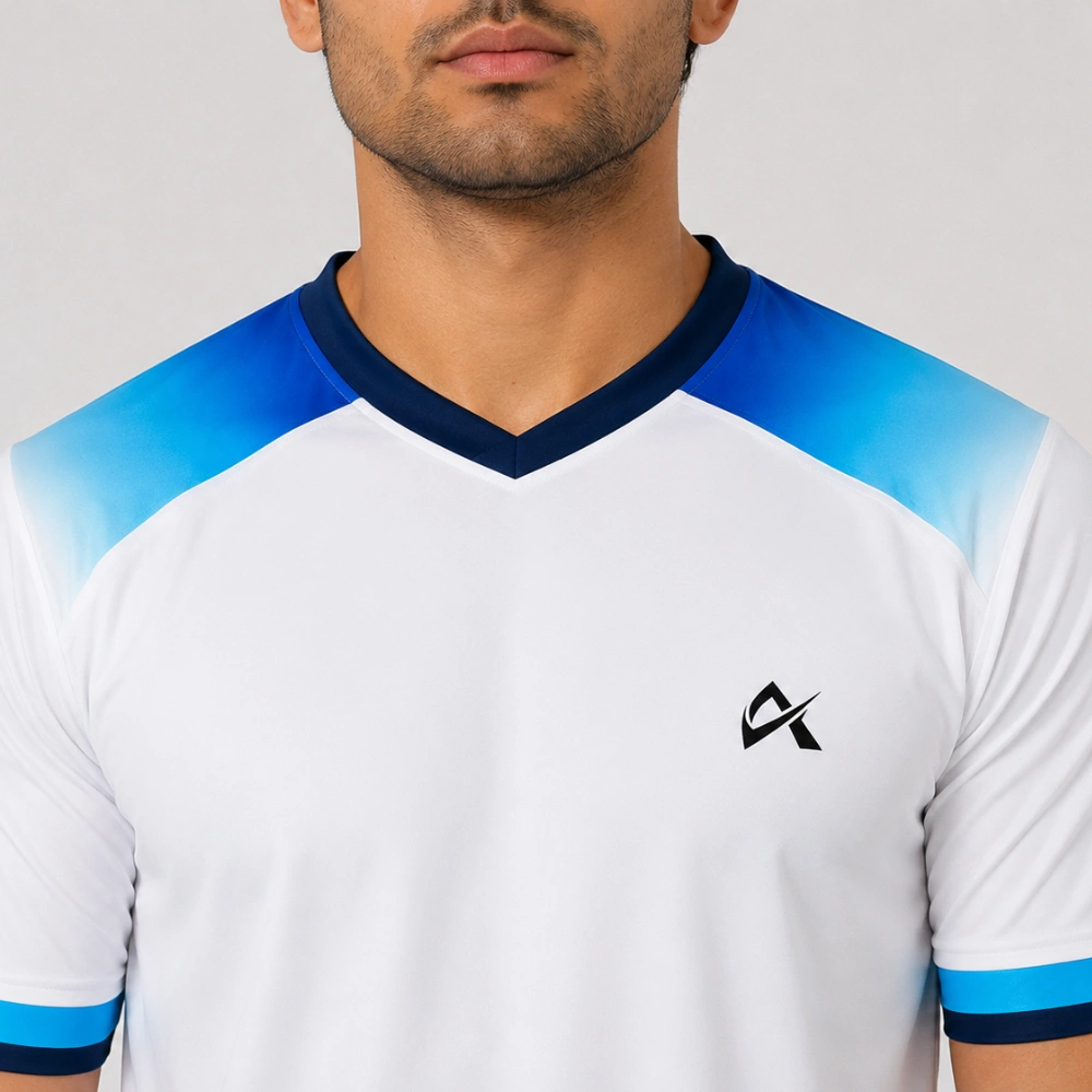 Athlayer Men’s White Cotton Lycra Running T-Shirt - Zoomed Collar Pose