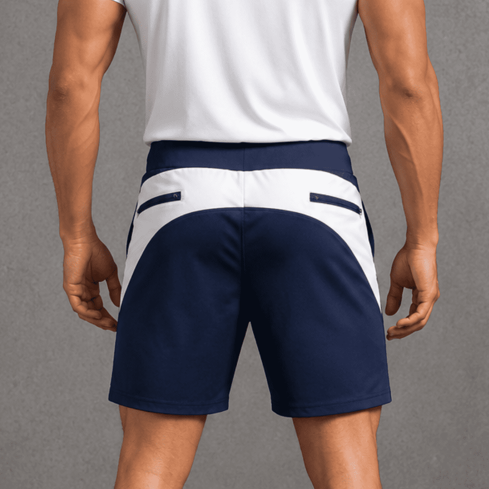 blue white shorts for men - zoomed back pose