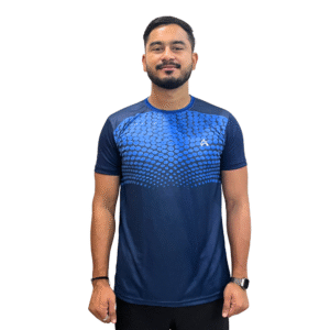 front position of Navy Blue Hexa Pattern Net Dry-Fit Sports T-Shirt