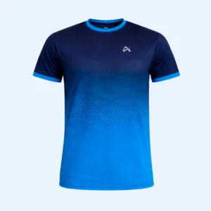 Blue gradient short-sleeve athletic shirt with a small logo on the chest. The design fades from dark to light blue with subtle dot patterning.