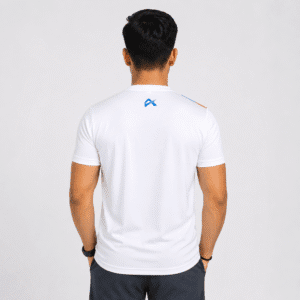 Athlayer Men's White Printed Sports T-Shirt Back pose