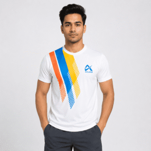 Athlayer Men's White Printed Sports T-Shirt front pose