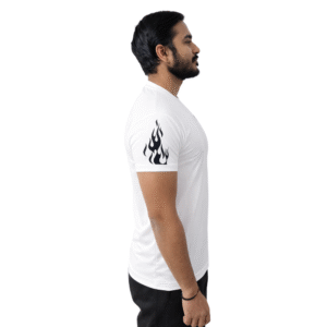 Right Shoulder Fire Print View of model wearing Athlayer Dri-Fit White Gym T-Shirt with Flame Shoulder Print