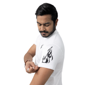 Shoulder Fire Print View of model wearing Athlayer Dri-Fit White Gym T-Shirt with Flame Shoulder Print