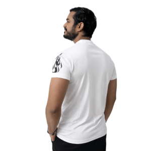 Back Side view of model wearing Athlayer Dri-Fit White Gym T-Shirt with Flame Shoulder Print