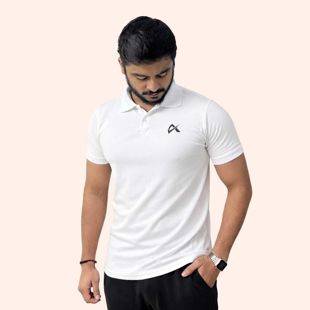 A man in a white polo shirt with a black logo, representing the Athlayer White Solid Casual Polo T-Shirt for Men.