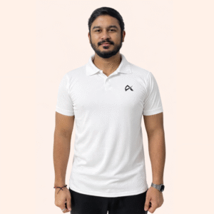 A man wearing a white polo shirt featuring the Athlayer logo on the front, showcasing a casual style.