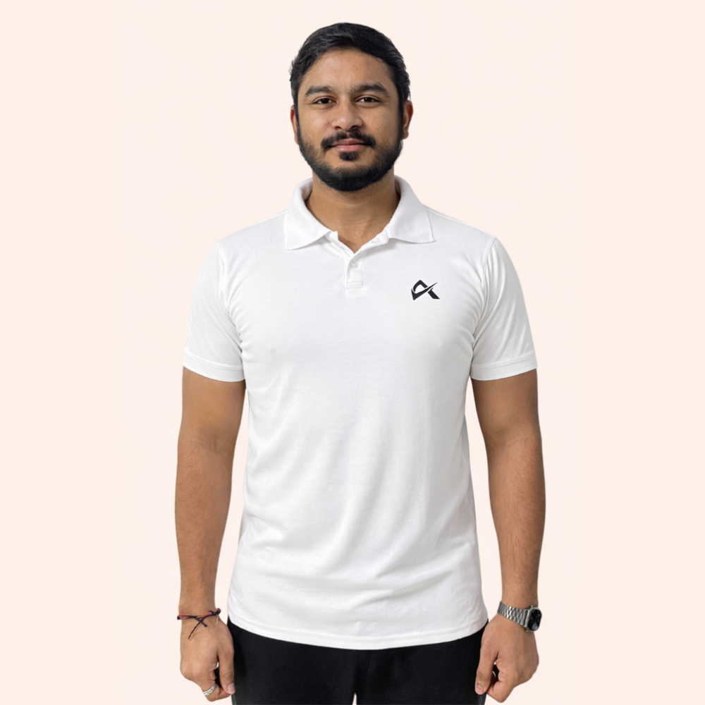 A man wearing a white polo shirt featuring the Athlayer logo on the front, showcasing a casual style.