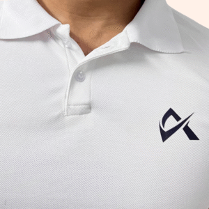Front logo detail of a white Athlayer polo shirt for men, emphasizing a clean and casual look.