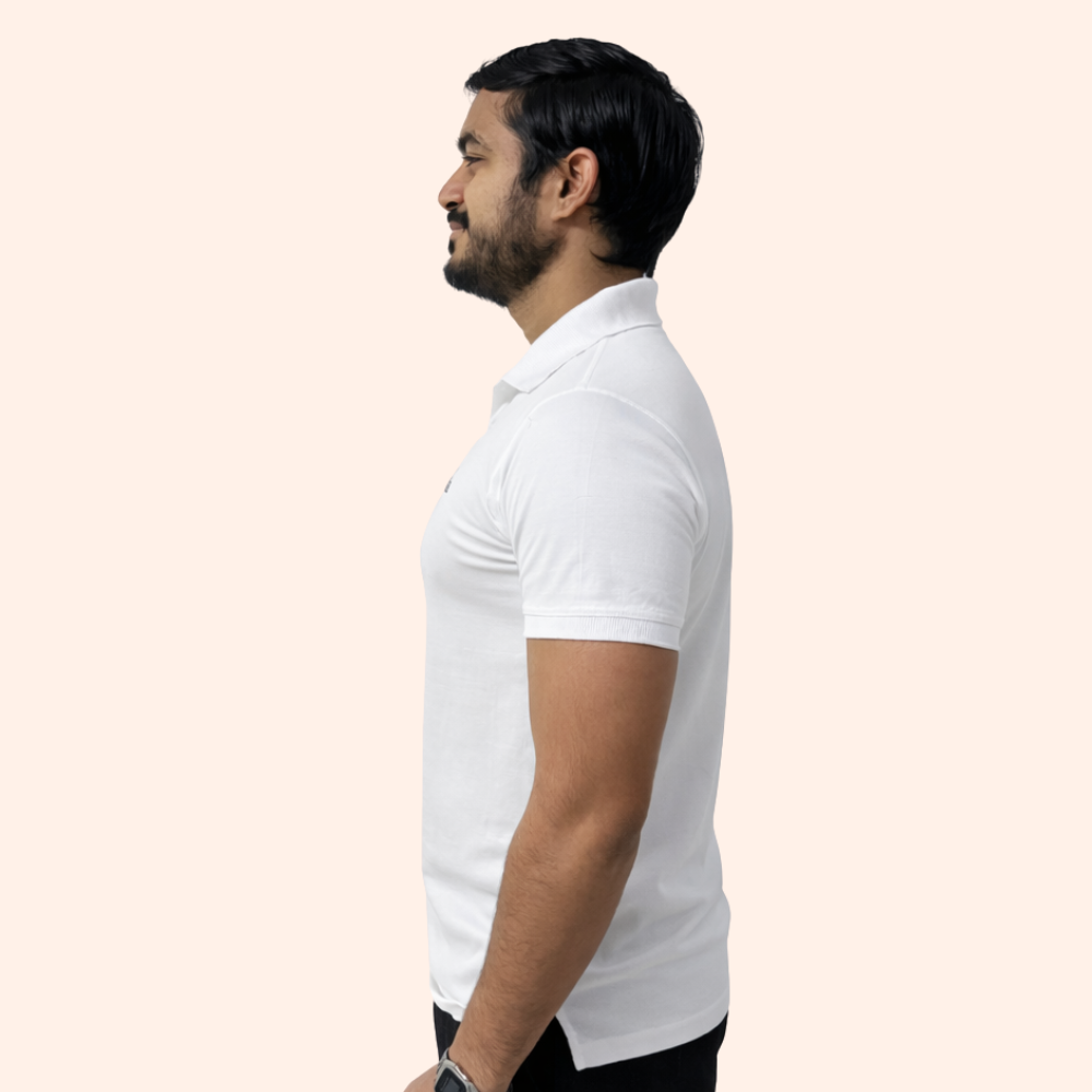 A man wearing a white polo shirt poses against a white background, highlighting the Athlayer White Solid Casual Polo T-Shirt.