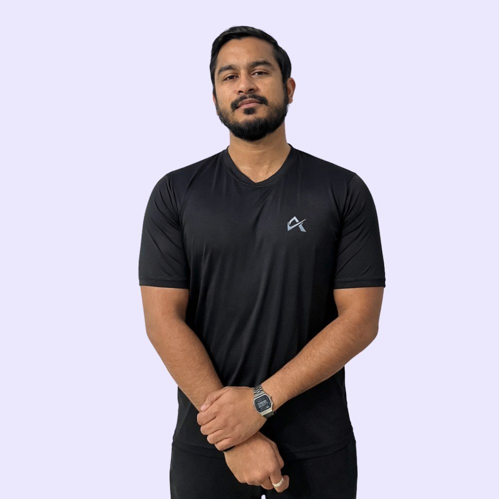 Buy ATHLAYER Black Lycra V-Neck T-Shirt for Men. Breathable mini V-neck activewear ideal for all sports, training & running.