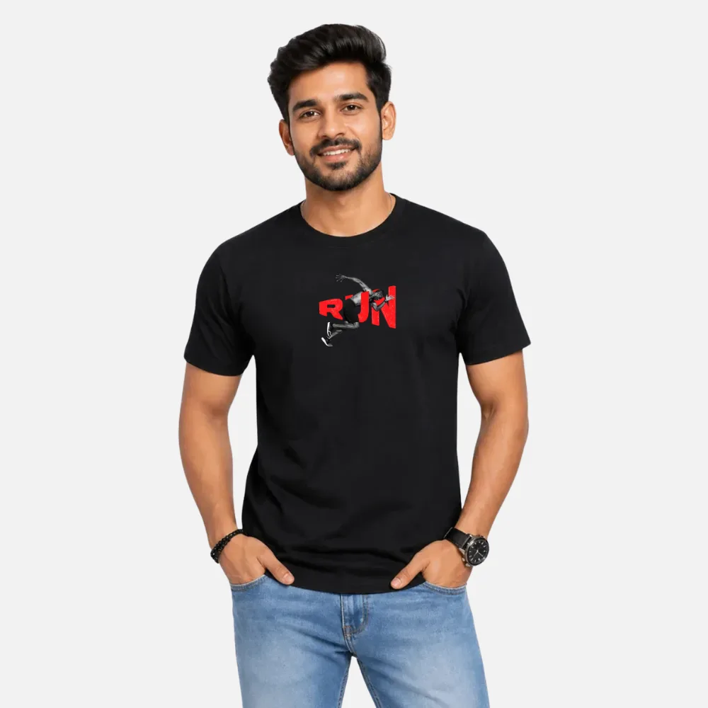 Black RUN Graphic Printed Men’s Cotton T-Shirt - Front Pose