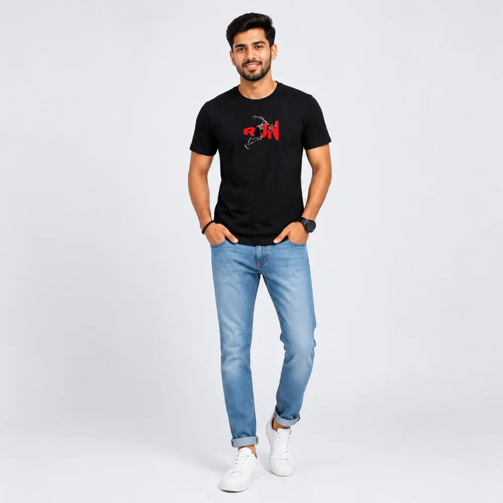 Black RUN Graphic Printed Men’s Cotton T-Shirt - Model Shoot