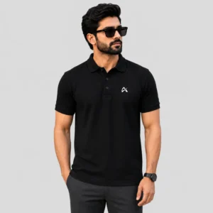 Athlayer Premium Black Polo T-Shirt for Men with Half Sleeves Front Pose