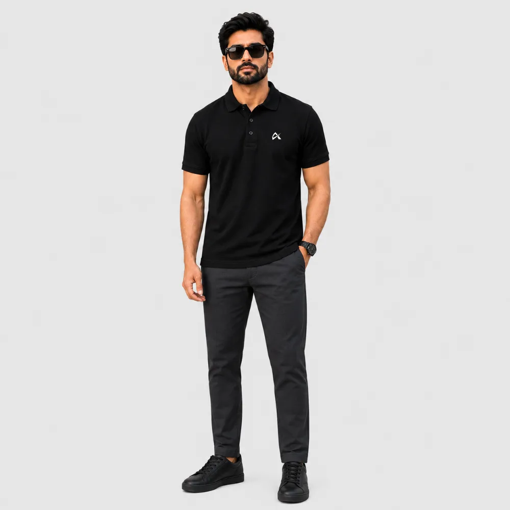 Athlayer Premium Black Polo T-Shirt for Men with Half Sleeves - Full Body Pose
