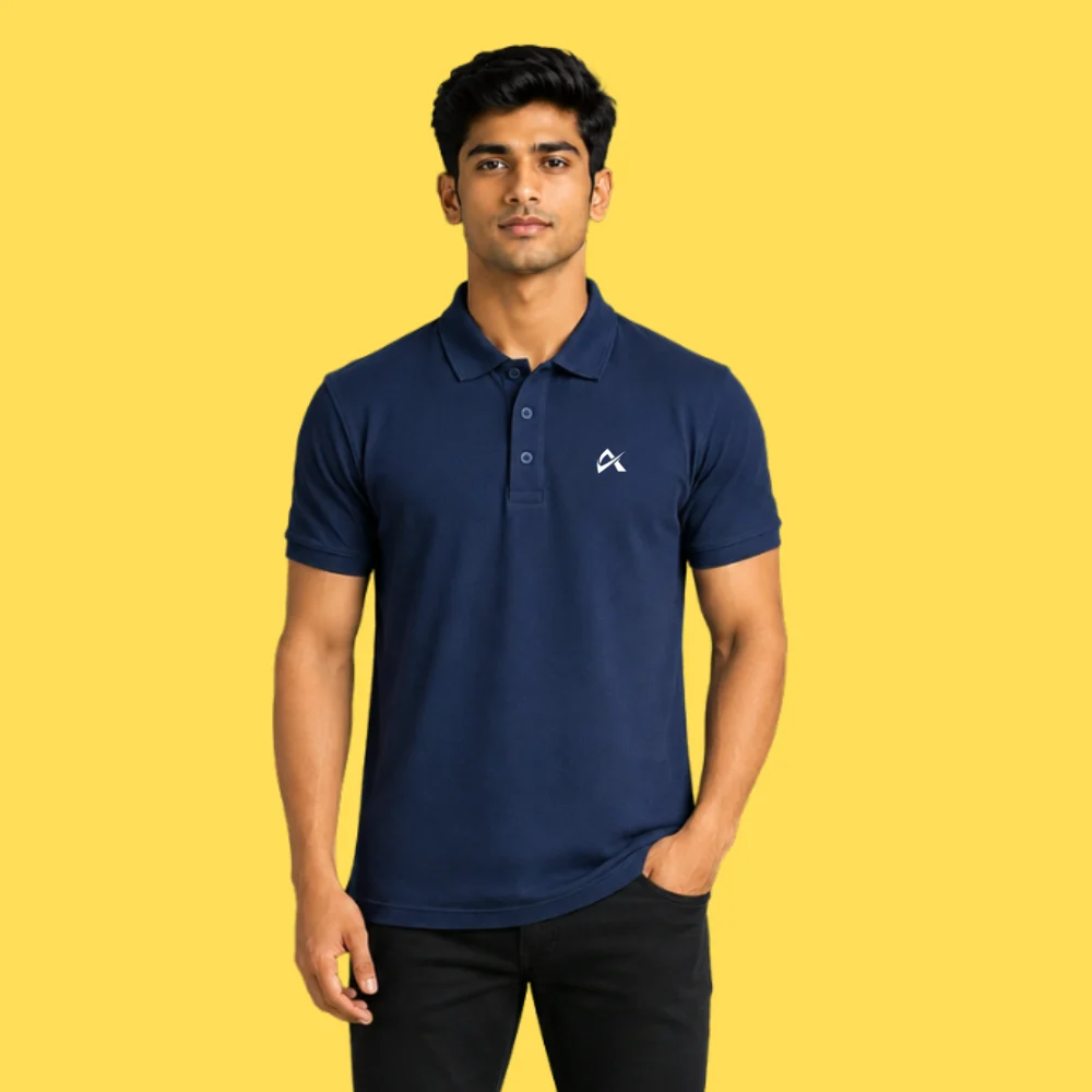 Athlayer Premium Navy Blue Polo T-Shirt for Men with Half Sleeves - Model Front Pose