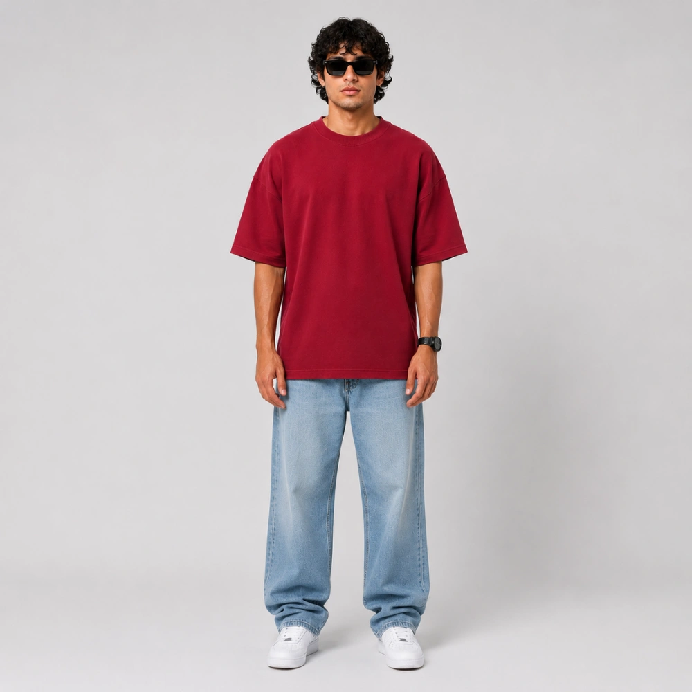 Men Oversized Maroon T-Shirt - Full Body Pose