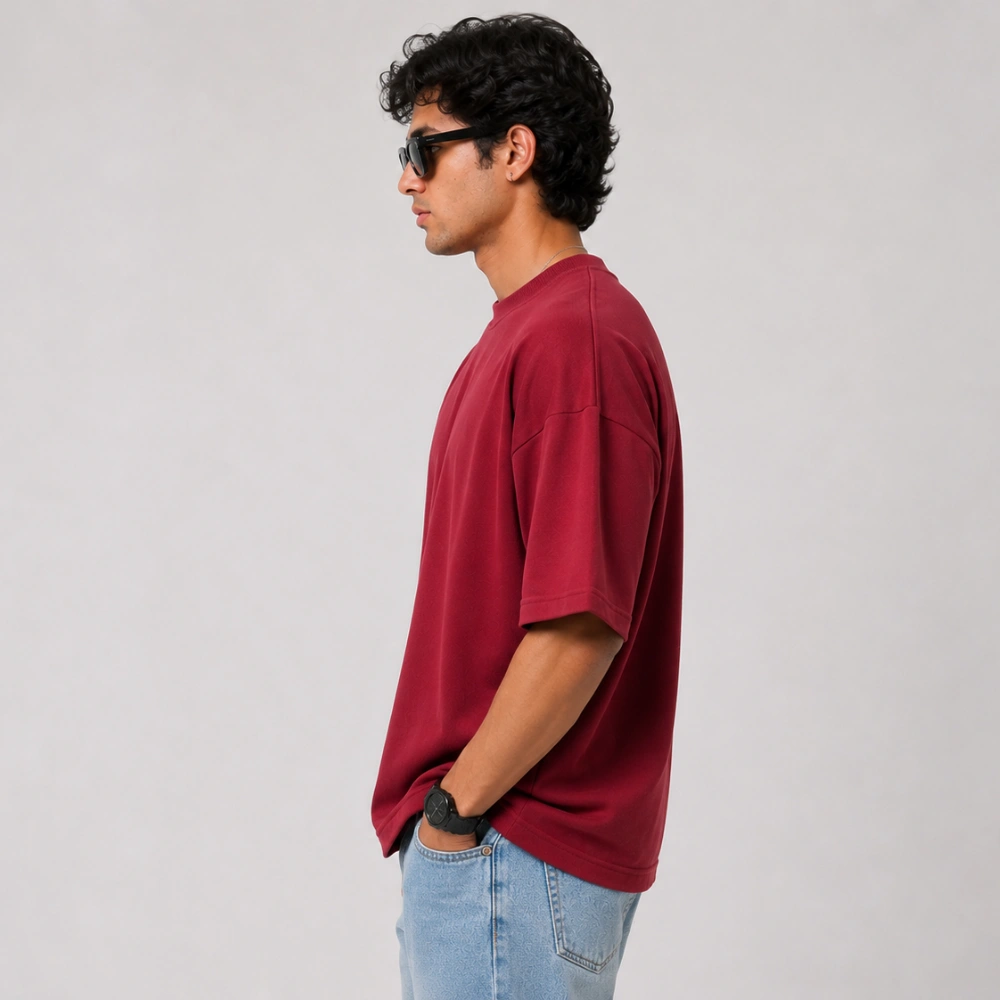 Men Oversized Maroon T-Shirt - Side Pose